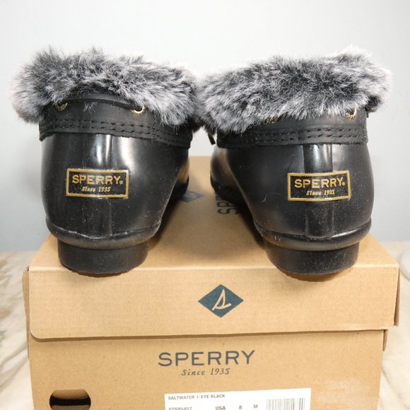 Sperry Faux Fur Saltwater 1-Eye Rain Boot, Black/Black, Duckboot Shoe 8 - Picture 8 of 10
